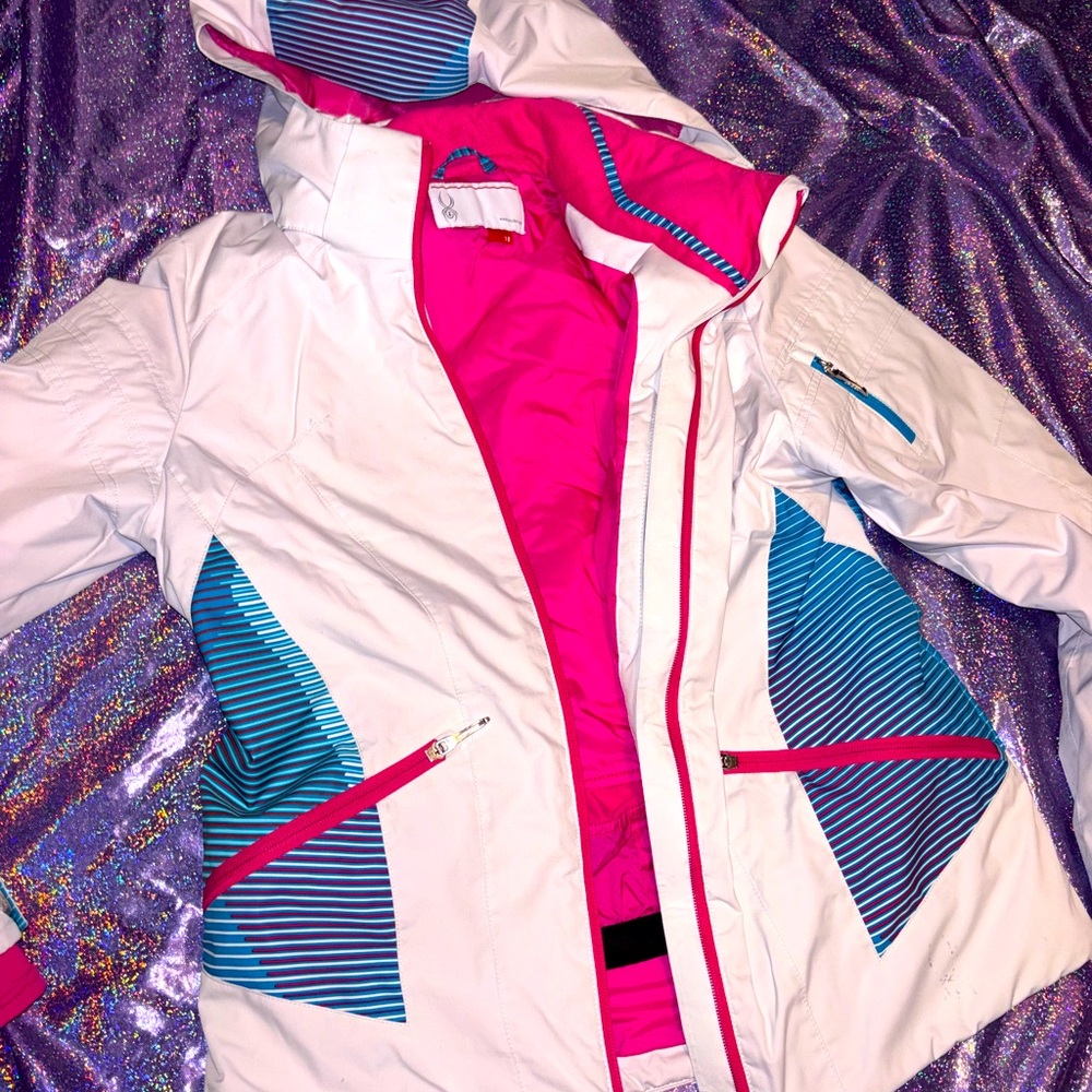 Spyder White and Pink Ski Jacket with Blue Accents